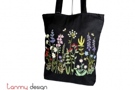 Black linen bag hand-embroidered with grass flowers